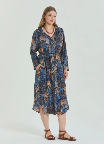 Shirt Collar Belt Detailed Blue Bohemian Plus Size Dress 4613